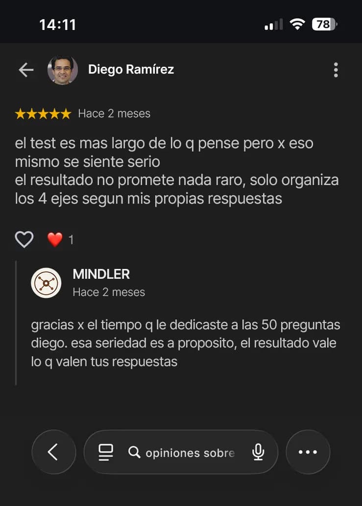 Mensagem em espanhol de Diego Ramírez sobre a experiência com o Manual.