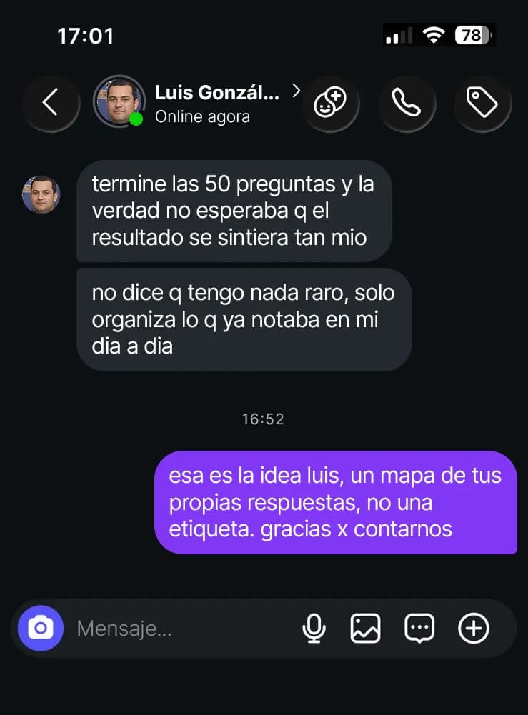 Mensagem em espanhol de Luis González sobre a experiência com o Manual.
