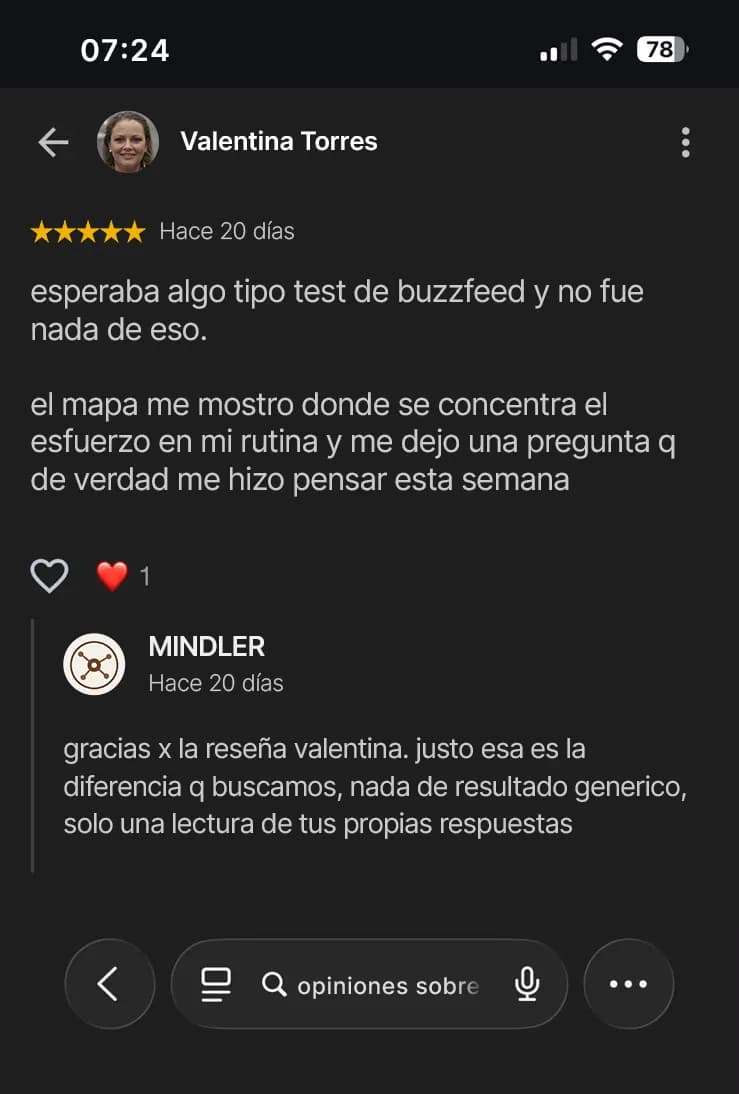 Mensagem em espanhol de Valentina Torres sobre a experiência com o Manual.